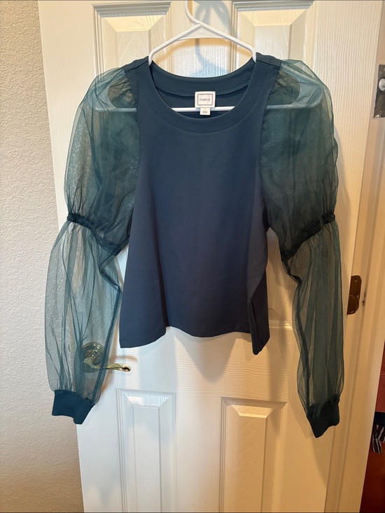 Maeve Tops - Anthropologie Maeve Teal Mixed-Media Knit Top Sheer Organza Puff Sleeve sz S